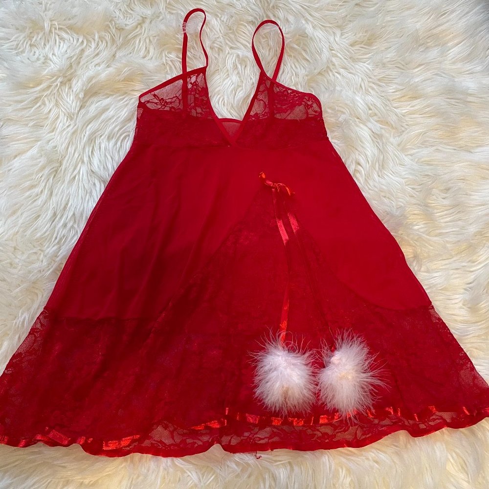 Red Lace Nightie Lingerie with White Puff Balls